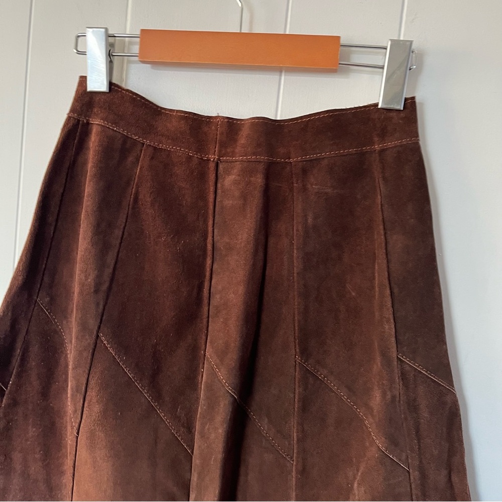 Vintage Suede Leather Skirt Brown Maple Leaf Snap Front Canada Appliqué Midi Vtg - Picture 4 of 14